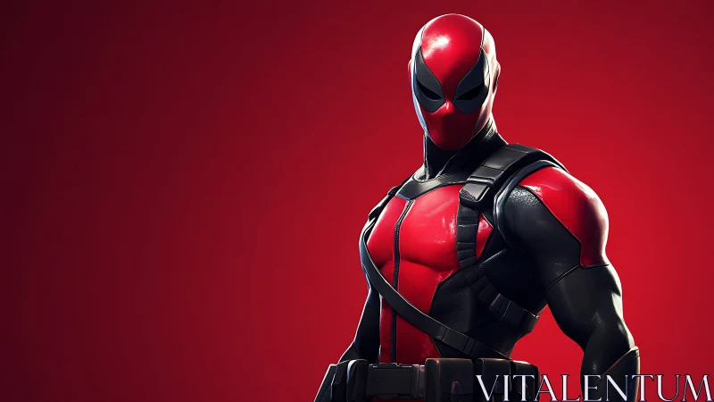 Red and black masked figure stands against uniform red background