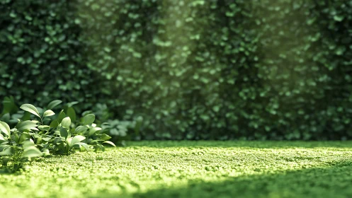 Sunlit groundcover and foliage rendered with shallow depth