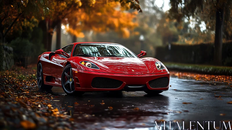Red sports coupe on wet tree lined road in autumn weather.