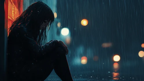 Melancholic figure alone in neon city rainstorm at night.