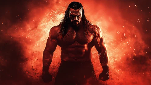 Powerful muscular warrior stands in a blazing red storm