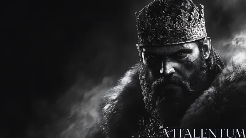 Dark medieval king portrait in stark monochrome lighting.
