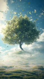 Solitary windswept tree on misty hill under dynamic sky.