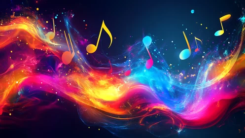 Chromatic sound waves form luminous trails around floating notes