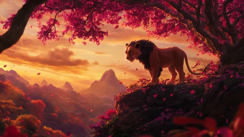 Regal lion watches a glowing sunset above vivid pink forest