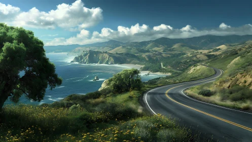 Coastal highway curves above turquoise bay under crisp daylight.