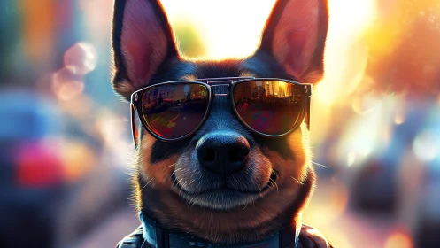 Sunglassed city dog quietly rules the golden-hour streets