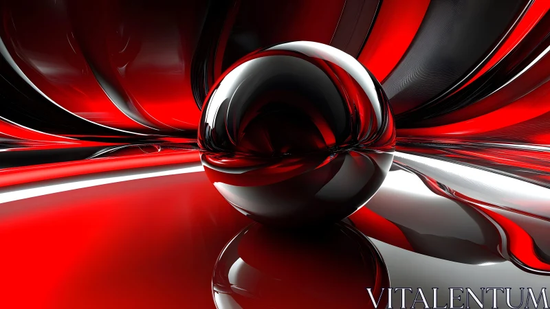 Reflective chrome sphere within dynamic red fluid ribbons