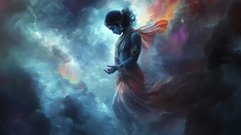 Divine female silhouette drifts through iridescent astral clouds