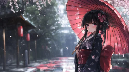 Kimono girl walks under red umbrella in soft spring rain