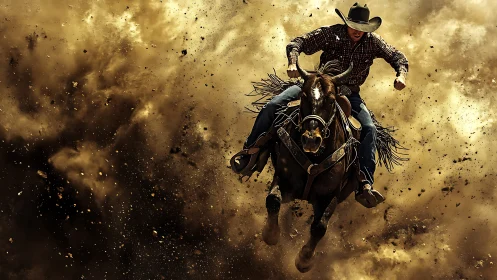 Dusty rodeo rider charges forward in a dramatic wild gallop