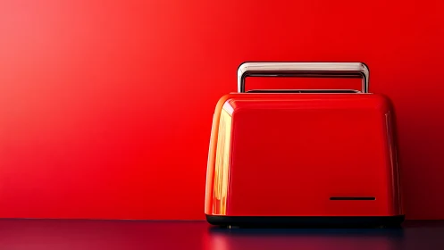 Red Toaster with Metallic Handle Against Monochromatic Crimson Background