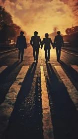 Silhouetted figures crossing sunlit street in elongated shadows