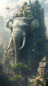 Colossal stone elephant citadel in vertical fantasy metropolis.