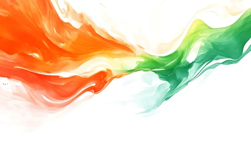 Diagonal orange and green fluid streaks traverse white field