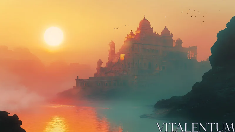 Sunlit riverside palace emerging through dense morning mist.