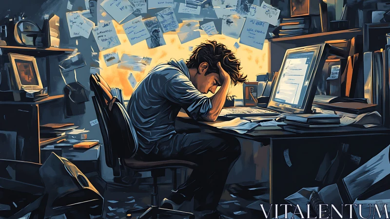 Overworked programmer in cluttered office, digital dusk glow.