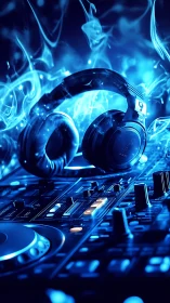 Neon DJ soundscape with luminous blue headset and mixer board.
