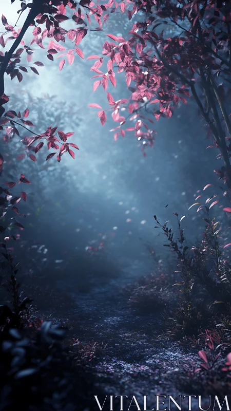 Moonlit path under rosewood leaves in a dreamlit forest.