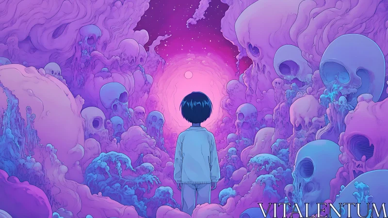 Child confronts cosmic skull valley under neon nebula sky.