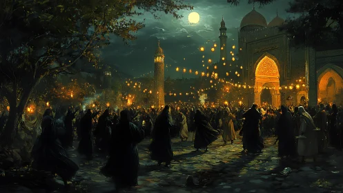 Moonlit palace courtyard glows with lantern-lit festival