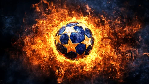 Fiery blue soccer ball with star panels in blazing flames.