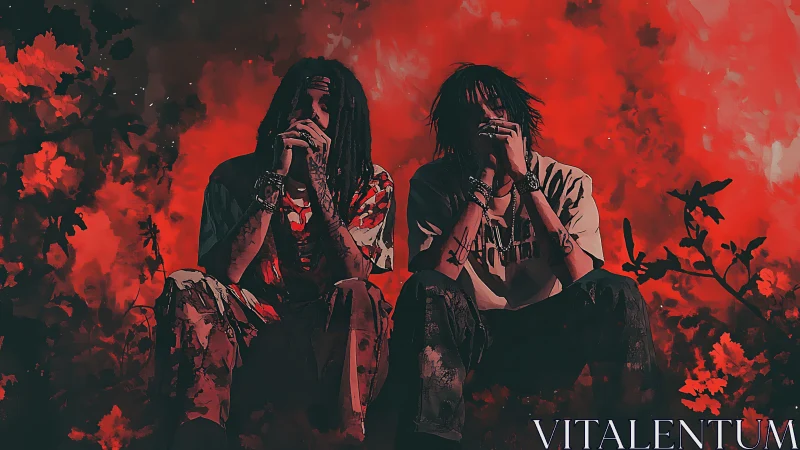 Two seated figures against dense red foliage background.