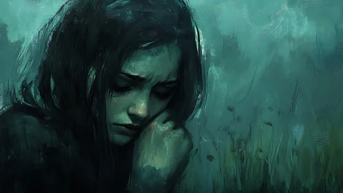 Solitary girl in teal-toned field, lost in quiet sorrow.