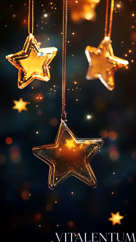 Golden glass star ornaments suspended in festive bokeh.