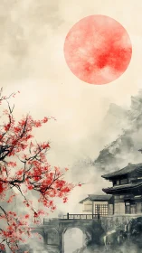 Red sun over traditional riverside house with cherry blossoms