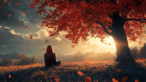 Quiet autumn sunset invites gentle reflection beneath tree