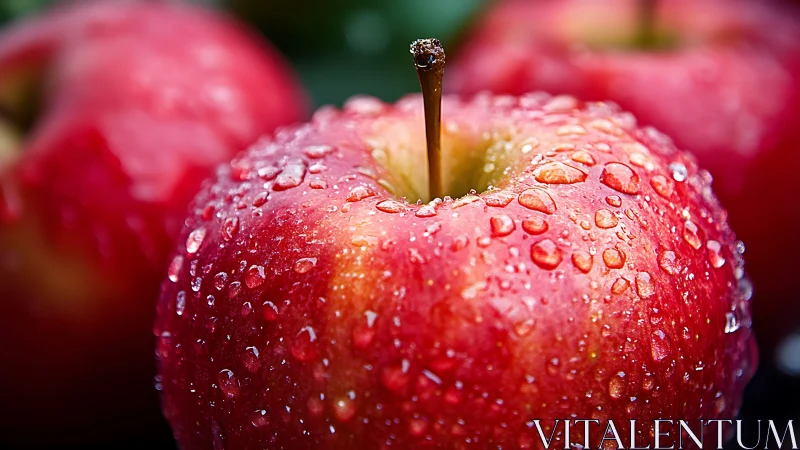 Red apple close-up with water droplets in sharp focus.