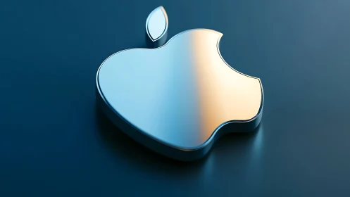 Metallic bitten apple logo on reflective blue surface.