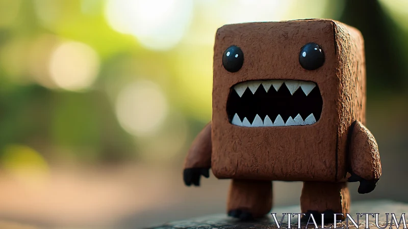 Boxy monster figurine under soft forest bokeh light.