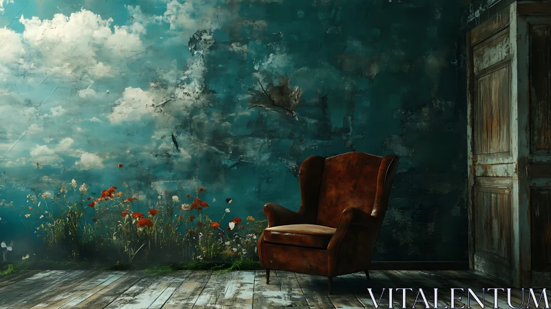 Vintage leather armchair stands before painted sky wall