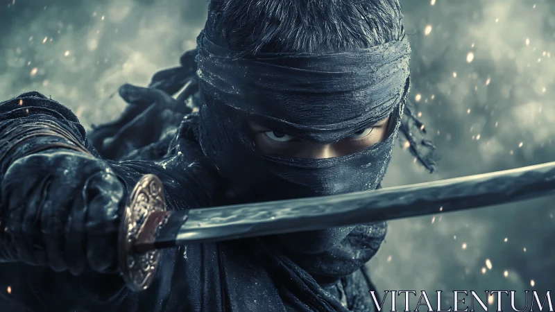 Focused ninja warrior holding a gleaming sword in motion.