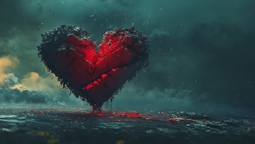 Luminous Heart Form Suspended in Turbulent Teal Atmosphere.