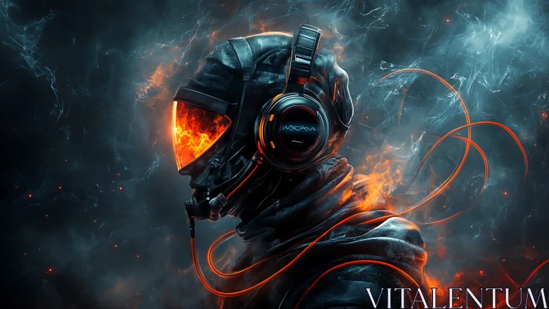 Futuristic hooded figure in flaming visor helmet with cables