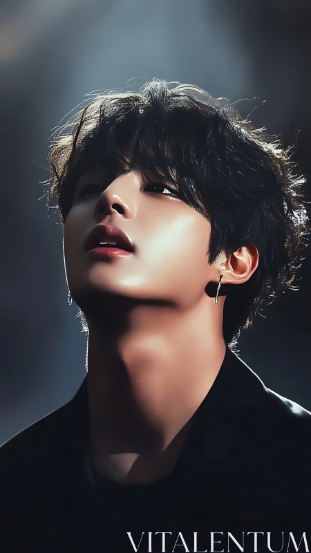 Dramatic low-angle portrait renders glossy skin and soft glow