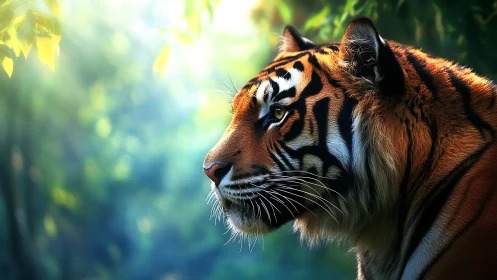 Regal tiger gazes through forest light in serene profile