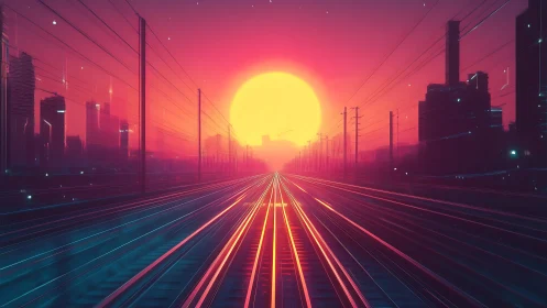 Neon railway lines toward large sun over city skyline.