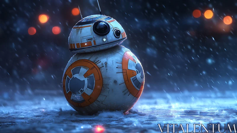 Spherical droid stands in snowy nightscape under falling snow