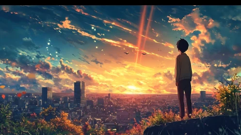 Backlit adolescent observing radiative sunset over urban skyline.