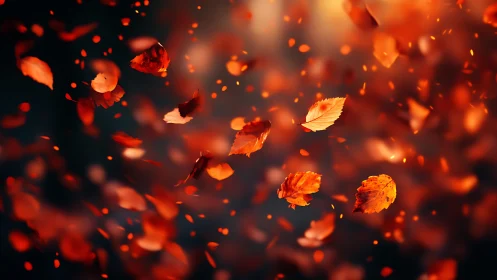 Glowing autumn leaves dance gently through warm evening air