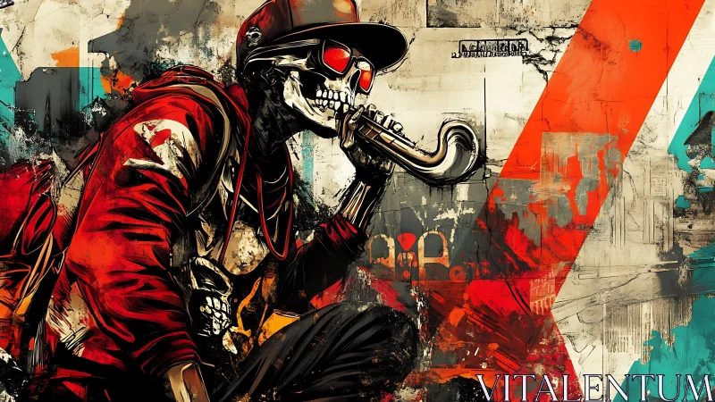 Graffiti-style skeletal saxophonist in dynamic street abstraction