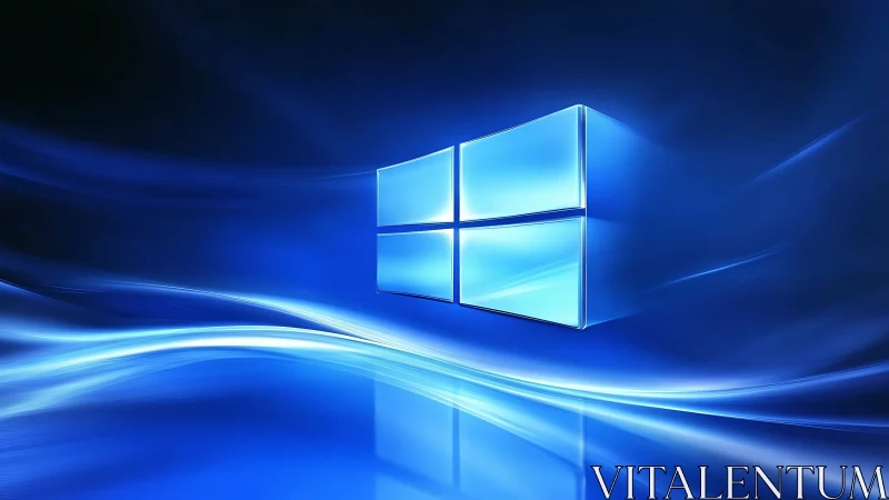 Blue luminous window logo floats over abstract wave field