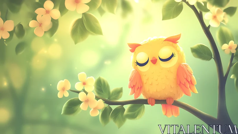 Cute Cartoon Owl Resting on a Blossom Tree Branch, Soft Pastel Art.