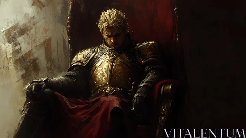 Weary golden knight resting in shadowed crimson throne room.