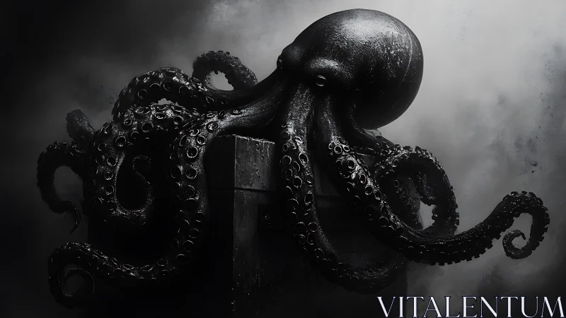 Octopus grips dark pedestal in high contrast monochrome