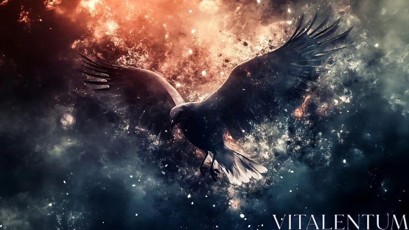 Dark winged bird bursts from fiery cosmic clouds.